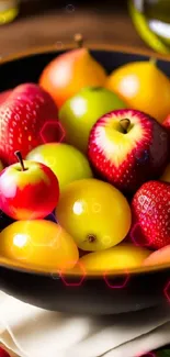 Vibrant fruit bowl with colorful fresh fruits in a black bowl on a wooden table.