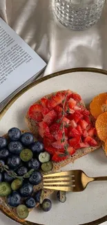 Elegant plate with fruits and brunch setup.