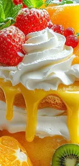 Vibrant fruit cake with cream and strawberries.