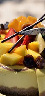 A vibrant cheesecake adorned with fresh fruits and colorful toppings.