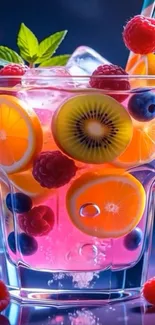 Colorful fruit cocktail in a glass with vibrant fruits.