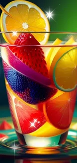 Vibrant fruit cocktail wallpaper with bright citrus and berries in a glass.