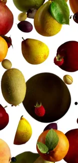 Vibrant collage of colorful fruits floating on a white background.