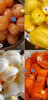 Vibrant collage of various fruits with decorative flowers.