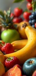 A vibrant display of assorted fruits including bananas, apples, and berries.