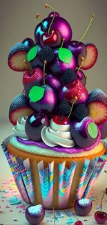 Colorful cupcake with vibrant fruits as mobile wallpaper.