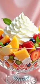 Colorful fruit dessert in glass bowl with cream topping.