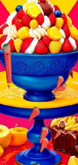 Colorful fruit dessert in a blue bowl mobile wallpaper.