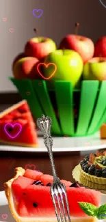 Colorful fruit arrangement with apples and watermelon on plates.