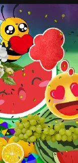 Vibrant fruit and emoji themed mobile wallpaper.