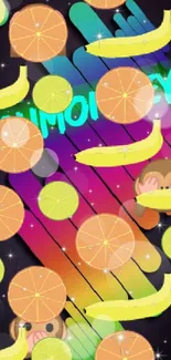 Colorful wallpaper with fruit and emoji on dark background.