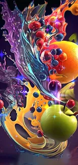 Vibrant fruit splash art with a colorful, dynamic design and abstract elements.