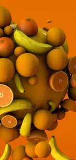 Vibrant oranges and bananas on a swirling orange background.