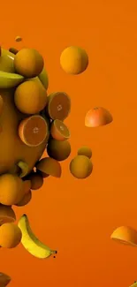 Vibrant wallpaper with oranges and bananas on orange background.