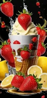 Ice cream cone with strawberries and lemons on black background.