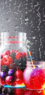 Vibrant fruit jar wallpaper with fresh berries and colorful reflections.