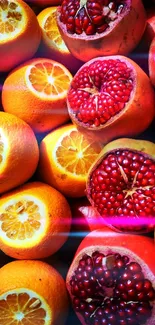 Close-up of vibrant oranges and pomegranates creating a colorful wallpaper.