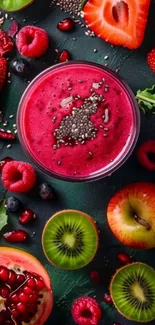 Vibrant fruit medley with smoothie and fresh fruits on dark background.
