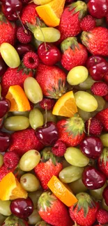 A vibrant wallpaper of strawberries, grapes, cherries, and orange slices.