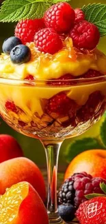 Colorful fruit parfait with fresh berries and citrus in a glass.