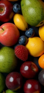 Colorful assortment of fruits in vibrant pattern wallpaper.