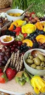 Colorful fruit platter with olives and bread on display.