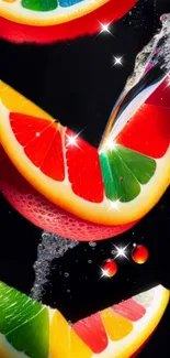 Vibrant fruit slices with water splashes on a black background.