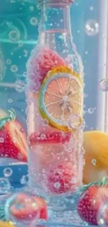 Colorful fruit splash wallpaper with strawberries and lemon in bubbly water.