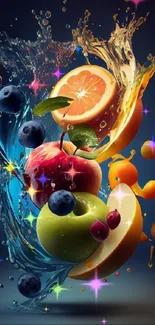 Vibrant fruit splash art wallpaper with colorful fruits and water explosion.