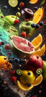 Colorful and dynamic fruit splash art wallpaper.