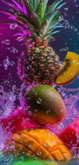 Vibrant and colorful fruit splash art with pineapple and watermelon.