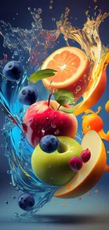 A vibrant splash of fruits with water against a deep blue background.