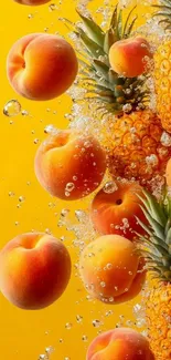 Vibrant wallpaper with peaches and pineapples in water bubbles on yellow.