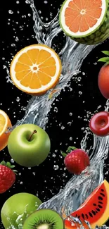 Vibrant fruits splashing with water on a black background.