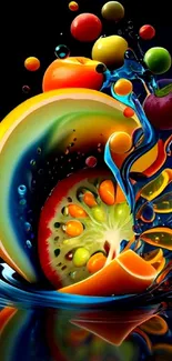 Vibrant fruit splash with colorful design on dark background.