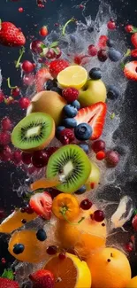 Vibrant splash of fruits in dynamic motion with a dark background.