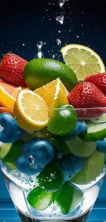 Colorful fruits splashing in a water glass against a blue background.