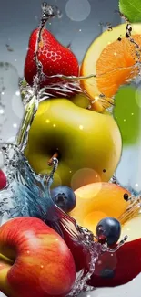 Colorful fruits splashing in water with vibrant appeal.