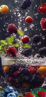 Colorful fruit splash with berries and cherries in a glass.