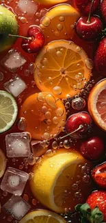 Colorful citrus and berry fruit splash wallpaper with ice cubes.