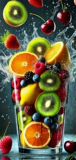 Vibrant splash of mixed fruits in glass.
