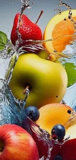 Vibrant fruit splash wallpaper with water droplets.