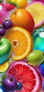 Vibrant and colorful fruit splash wallpaper with oranges, apples, and cherries.