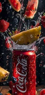 Vibrant fruit splash with a beverage can and colorful fruits.
