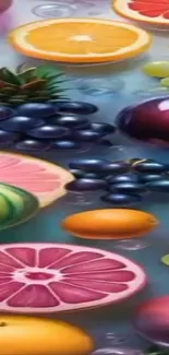 Vibrant wallpaper with assorted colorful fruits.
