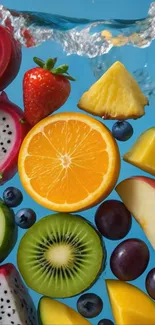 Vibrant tropical fruit splash wallpaper with water