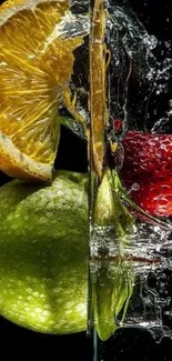 Vibrant fruits splashing in water on a phone wallpaper.