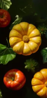 Vibrant autumn harvest wallpaper featuring pumpkins, apples, and leaves.