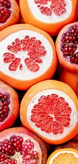 Vibrant mobile wallpaper with citrus and pomegranate fruits.