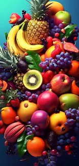 A vibrant fruit arrangement on a teal background.